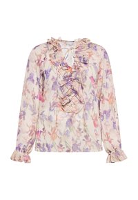 Blumenbluse aus leichtem, transparentem Stoff in Pastellfarben. Rüschenausschnitt und -manschetten mit Knopfdetails an der Vorderseite.