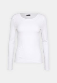 Bílý dlouhý rukáv ribbed top s kulatým výstřihem, vyrobený z pružného materiálu, s přiléhavým střihem a jemnými texturovými detaily.