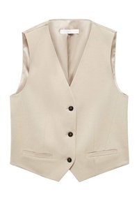 Beige skræddersyet ærmeløs vest med V-hals, tre sorte knapper ned langs forsiden og to vandrette paspulpomer.