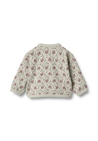 Felpa leggera con motivo floreale in crema, con fiori rosa e verdi. Presenta un colletto e polsini a costine, con una vestibilità comoda.