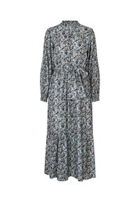Bloemen midi-jurk met lange mouwen, hoge kraag, knoopsluiting aan de voorkant en elastische taille met een bijpassende riem. Lichtblauwe en multikleurige print.