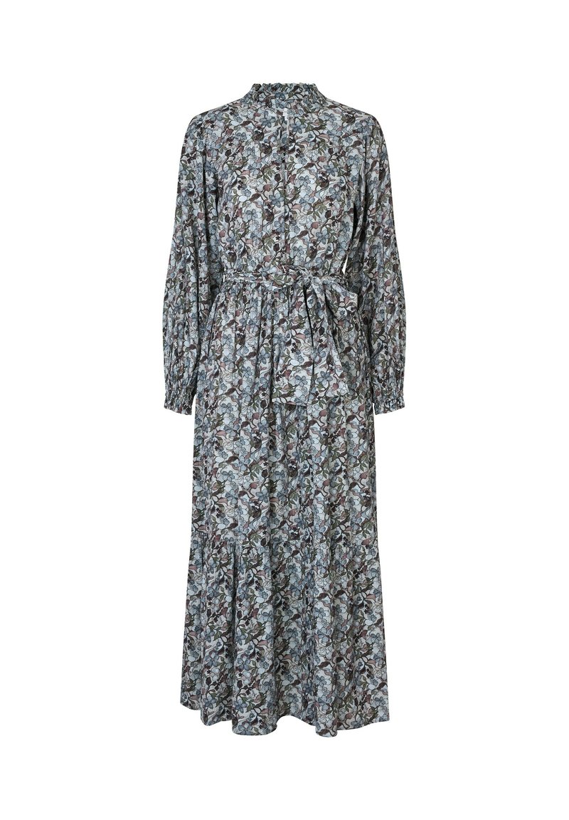 Bloemen midi-jurk met lange mouwen, hoge kraag, knoopsluiting aan de voorkant en elastische taille met een bijpassende riem. Lichtblauwe en multikleurige print.