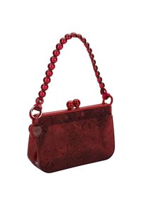 Rote Kunststoffhandtasche mit strukturiertem Design, floralem Präge-Muster und runden Perlengriffen. Verfügt über einen Verschluss mit zwei runden Knöpfen.