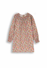 Sukienka kwiatowa z marszczonym dekoltem, długimi rękawami i lekkim materiałem. Kolorowa kompozycja różowych, pomarańczowych i zielonych kwiatów na białym tle.