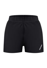 Black athletic shorts with an elastic waistband, featuring side pockets and a white logo detail on the bottom right. Smooth texture.