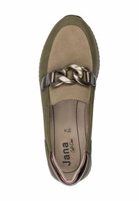 Olive green slip-on shoe with a suede upper, featuring a metallic chain accent across the front and a textured sole.
