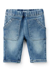 Džínové šortky s elastickým pasem, světle modrý odstín, dvě velké přední kapsy a ohrnutý lem. Hladká textura s jemným vyblednutím.