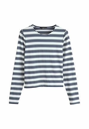 Valkoinen pitkähihainen paita, jossa on vaakasuorat laivastonsiniset raidat, pyöreä pääntie ja rennon istuva malli. Valmistettu pehmeästä, joustavasta kankaasta.