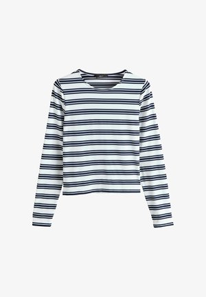 Długi rękaw w białym kolorze z poziomymi granatowymi paskami, z okrągłym dekoltem i luźnym krojem. Wykonany z miękkiego, elastycznego materiału.