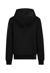 Schwarzer Kapuzensweatshirt mit glatter Textur, mit Logos in Dunkelgrau auf dem Rücken und den Ärmeln. Gerippte Bündchen und Saum.