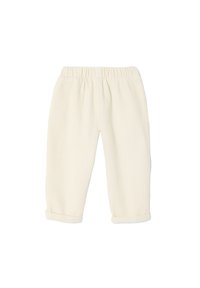 Cream-colored, ribbed fabric pants with an elastic waistband, slightly tapered shape, and rolled cuffs at the ankles.