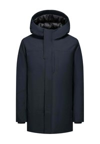 Veste isolante bleu marine avec capuche, dotée d'une fermeture éclair frontale, de poches latérales et d'une texture lisse. Coupe moderne avec un design minimaliste.