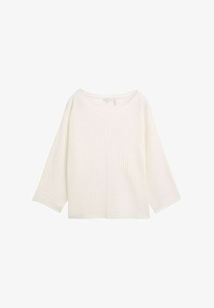 Pulover alb din tricot, cu o croială lejeră, mâneci trei sferturi și un model texturat tip waffle. Dispune de un decolteu larg și tiv ribbos.