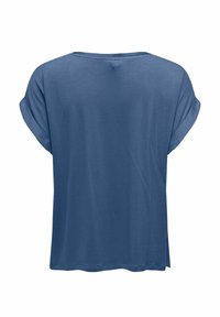 T-shirt bleu à manches courtes, coupe ample, avec revers aux manches et col rond, montré de dos sur fond blanc.