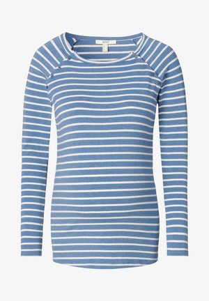 Chemise à rayures bleu et blanche à manches longues avec un col rond, présentant des accents de boutons sur l'épaule et une texture en coton doux.