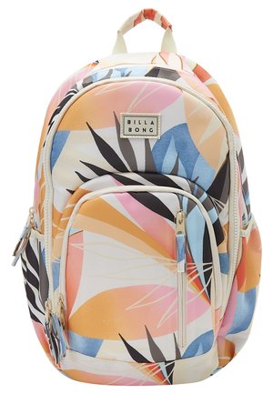 Sac à dos multicolore Billabong avec motif abstrait de feuilles, plusieurs compartiments zippés et une poignée de transport supérieure.
