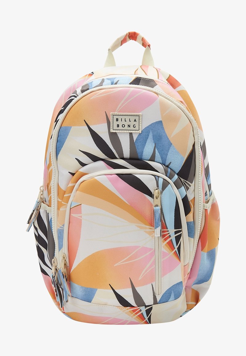 Sac à dos multicolore Billabong avec motif abstrait de feuilles, plusieurs compartiments zippés et une poignée de transport supérieure.