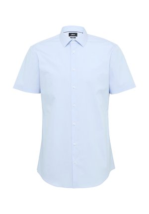 Camicetta azzurro chiaro a maniche corte realizzata in tessuto morbido. Presenta un colletto a punta e chiusura con bottoni. Vestibilità classica con orlo arrotondato.