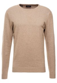 Beige pletený svetr s kulatým výstřihem, dlouhými rukávy, žebrovanými manžetami a lemem. Měkká textura, jednoduchý design, žádné viditelné vzory nebo ozdoby.
