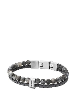 Men's bracelet with two strands: one of gray marbled beads and one braided leather, featuring a silver clasp and "G-STAR" metal accent.