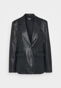 Černý kožený blazer se strukturovaným designem, širokými klopami, dvěma knoflíky a předními kapsami. Hladká textura a přiléhavý střih.