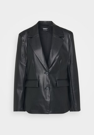 Blazer in pelle nera con un design strutturato, ampi rever, due bottoni e tasche frontali. Texture liscia e vestibilità su misura.