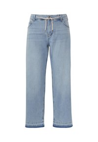 Lichtblauwe denim jeans met een rechte snit, een elastische tailleband met aantrekkoord en zichtbare stikseldetails. Heeft wijde pijpen en een nette afwerking aan de zoom.