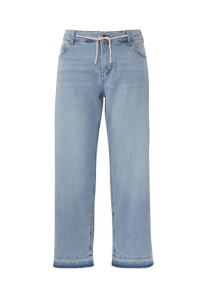 Helle blaue Jeans aus Denim mit geradem Schnitt, Kordelzugbund und sichtbaren Nähten. Verfügt über weite Beine und einen sauberen Abschluss am Saum.