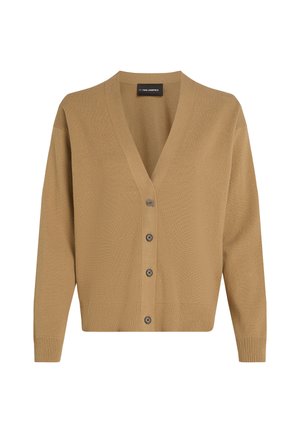 Khaki krāsa kardigāns ar V veida kaklu, garām piedurknēm, piecu pogu aizdari un ribotu apakšmalu. Izgatavots no mīksta adījuma materiāla ar teksturētu virsmu.