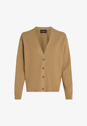 Khaki kardigan z V-izrezom, dolgimi rokavi, zapenjanjem na pet gumbov in rebrastim robom. Narejen iz mehkega pletenega materiala z teksturiranim zaključkom.
