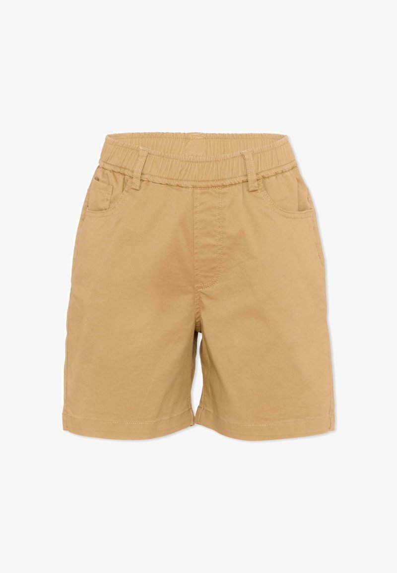 Shorts beige à taille élastique avec passants de ceinture et poches avant, conçus pour un usage décontracté.