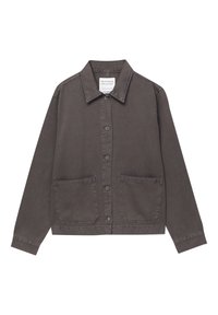 Giacca grigia in denim con bottoni, dotata di un colletto, due tasche frontali e maniche lunghe con dettagli sui polsini.