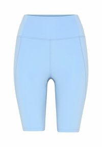 Shorts de sport bleu clair, taille haute, longueur genou, avec coutures visibles et tissu lisse conçu pour une activité physique.
