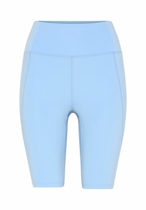 Világoskék, magas derekú, térdig érő sportnadrág látható varrással és sima anyagból, aktív viselethez tervezve.
