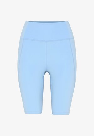 Világoskék, magas derekú, térdig érő sportnadrág látható varrással és sima anyagból, aktív viselethez tervezve.