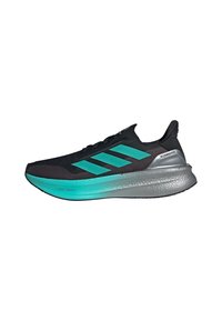 Black athletic shoe with teal accents, featuring a breathable mesh upper, three striped branding, and a textured gray midsole.