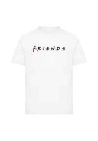 White cotton t-shirt featuring the word "F.R.I.E.N.D.S" in black, with colored dots above each letter, round neck, and short sleeves.