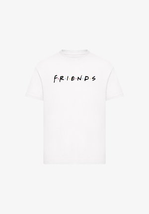 Weißes Baumwoll-T-Shirt mit dem Wort "F.R.I.E.N.D.S" in Schwarz, mit bunten Punkten über jedem Buchstaben, Rundhalsausschnitt und kurzen Ärmeln.