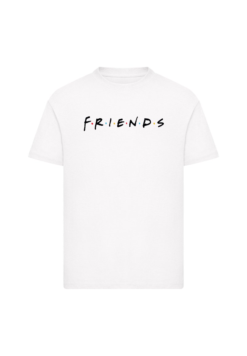 White cotton t-shirt featuring the word "F.R.I.E.N.D.S" in black, with colored dots above each letter, round neck, and short sleeves.