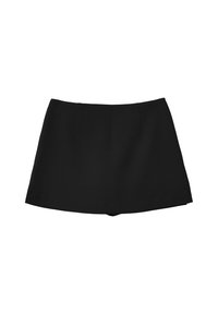 Gonna nera con una texture liscia, design corto, orlo dritto e due pieghe frontali per un tocco di dettaglio. Adatta a diverse occasioni.