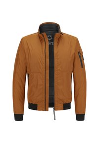 Orangene Bomberjacke mit glatter Textur, schwarzem Innenfutter, Vorderentaschen und einer Reißverschlusstasche am Ärmel. Mit gerippten Bündchen und Saum.