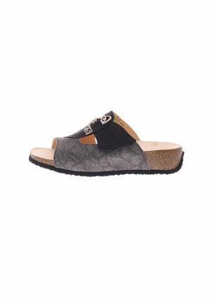 Herren offene Zehenpantoffel mit strukturiertem grauem Stoffoberteil, schwarzem verstellbarem Riemen, Korksohle und schwarzer Gummilaufsohle, von der Seite gezeigt.