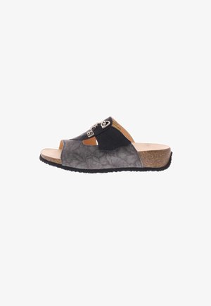 Herren offene Zehenpantoffel mit strukturiertem grauem Stoffoberteil, schwarzem verstellbarem Riemen, Korksohle und schwarzer Gummilaufsohle, von der Seite gezeigt.