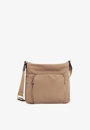 Sac bandoulière beige avec bandoulière réglable, grande poche avant zippée et petit logo doré de la marque sur le devant de la poche.