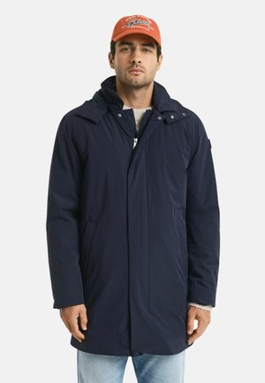 Marineblauem wasserdichtem Parka mit hohem Kragen, Frontreißverschluss und Druckknöpfen. Verfügt über zwei Seitentaschen und eine Kapuze. Lässige Passform, weiche Textur.