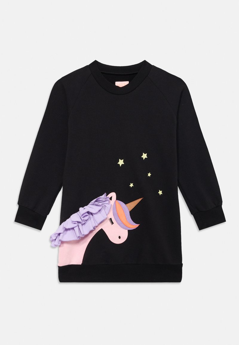 Black sweatshirt featuring a pink unicorn design with a purple ruffled mane and gold stars. Soft cotton material, crew neck, and long sleeves.