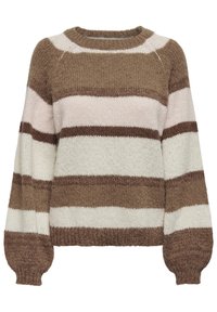 Brązowy sweter w paski koloru kremowego z okrągłym dekoltem, teksturowanym splotem i bufkami. Paski różnią się szerokością i intensywnością kolorów.