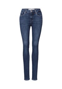 Vaqueros ajustados de mezclilla azul oscuro con cintura alta, bolsillos delanteros y detalles de costura sutiles. Diseño clásico para el uso diario.