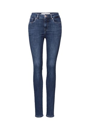 Skinny jeans in dark blue denim with a high waist, front pockets, and subtle stitching details. Classic design for casual wear.