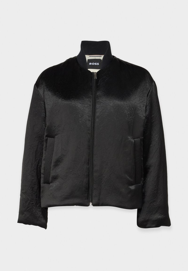 Veste bomber noire en tissu lisse et brillant, avec un col côtelé, fermeture éclair à l'avant et deux poches latérales. Aucun motif ou accent visible.